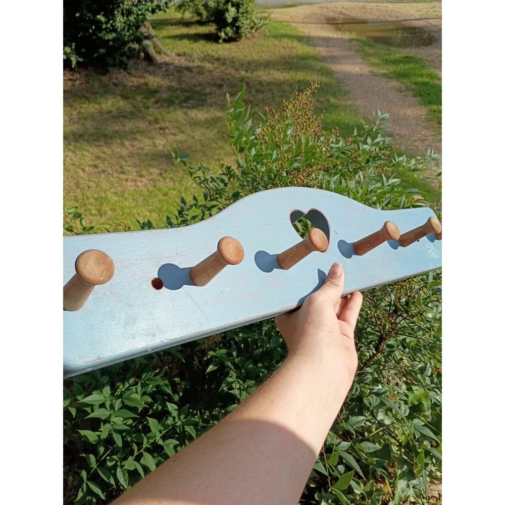 Rustic Blue Heart Wood Shelf Cottage Core 6 Peg 23